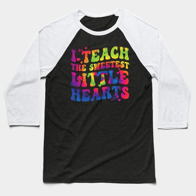 I Teach The Sweetest Hearts Groovy Tie Dye Valentines Day Baseball T-Shirt by MARBBELT